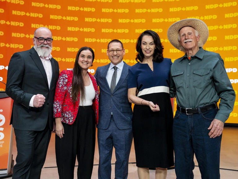 NDP leadership candidates (from left) Rob Ashton, Tanille Johnston, Avi Lewis, Heather McPherson and Tony McQuail in Montreal Nov. 27, 2025.