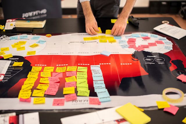 A person's hands arranging colorful sticky notes across a large planning map spread on a dark table, showing an active mapping and categorization process that mirrors the creative capacity mapping practice of sorting creative work by what different capacity levels can actually hold.