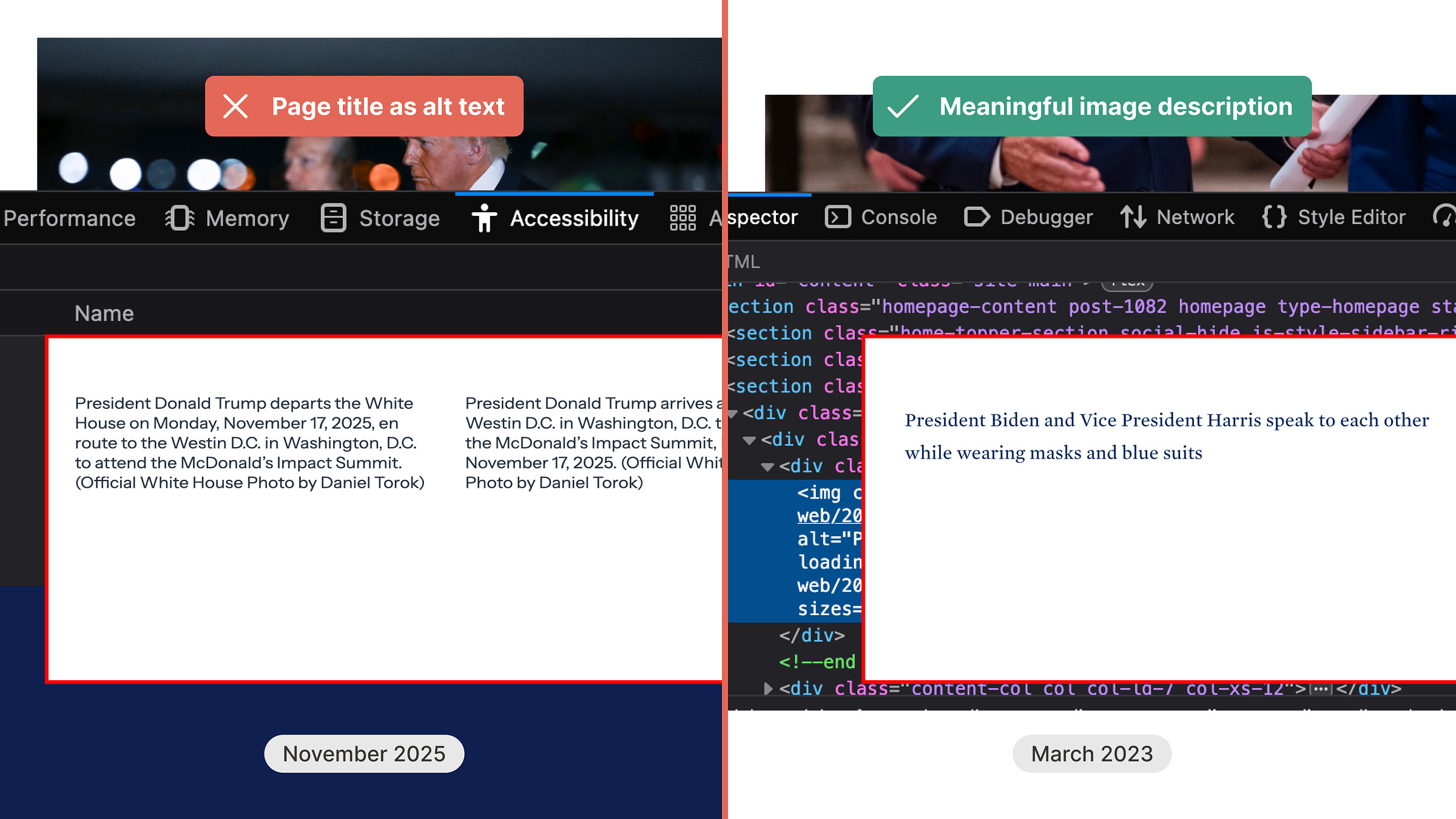 On the right, the White House website from March 2023. On the left, the screenshot from November 2025. The left one features text descriptions of images in a grid reading "President Donald Trump arrives at the Westin DC in Washington DC to address the McDonald's impact summit, Monday November 17, 2025 (official White House photo by Daniel Torok), repeated several times in a grid. On the left, the text replacing the image reads: "President Biden and Vice-president Harris speak to each other while wearing masks and blue suits"