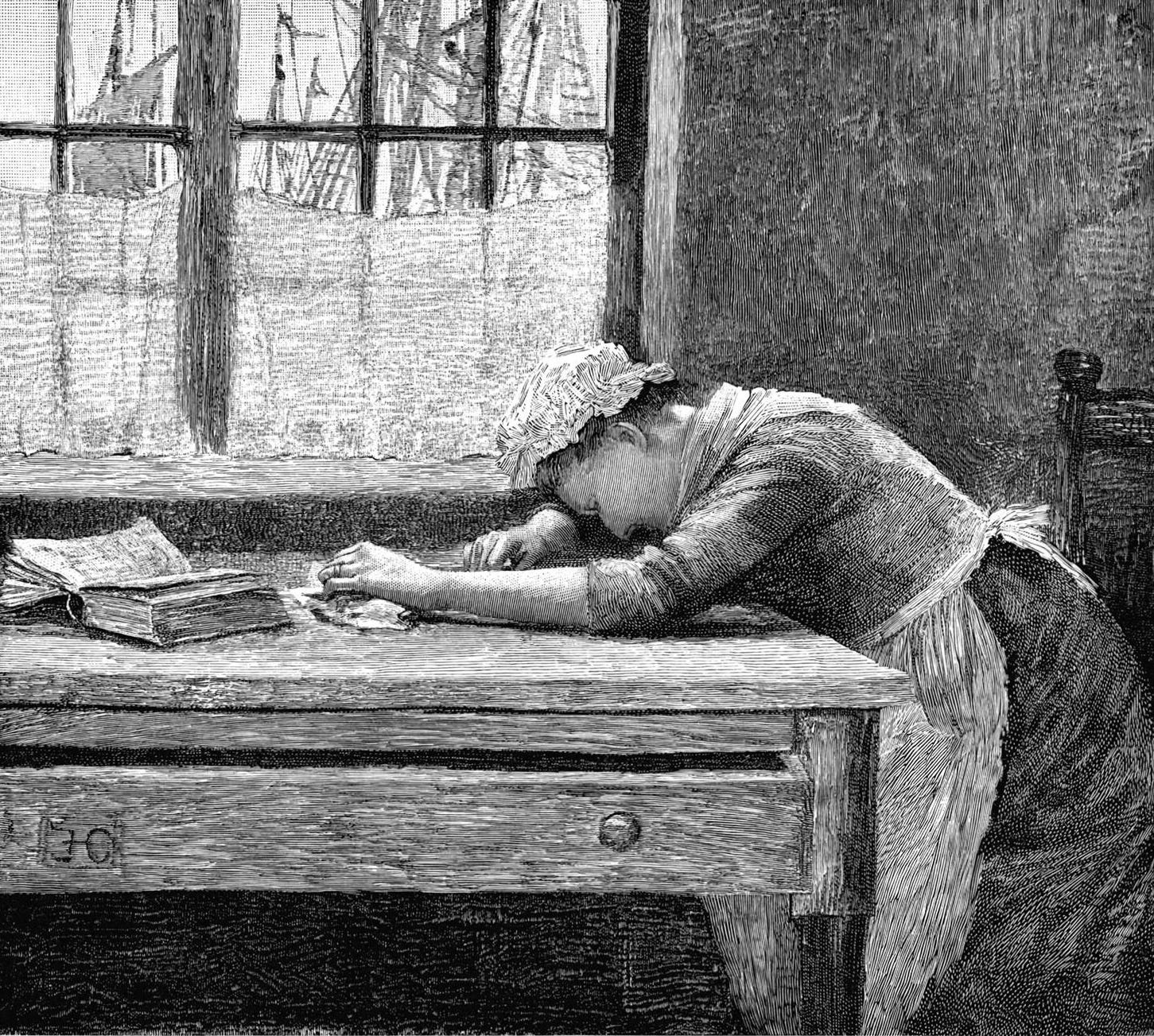 A grieving woman, wearing a white apron and a mob cap, is seen from the side, leaning over a wooden table with her forehead resting on her right arm. Her left hand lies on what appears to be a handkerchief, close to the thick open book that sits on the table in front of her. Riggings and sails are visible through the upper part of the window, which is protected by a half-curtain. A grieving woman, wearing a white apron and a mob cap, is seen from the side, leaning over a wooden table with her forehead resting on her right arm. Her left hand lies on what appears to be a handkerchief, close to the thick open book that sits on the table in front of her. Riggings and sails are visible through the upper part of the window, which is protected by a half-curtain.