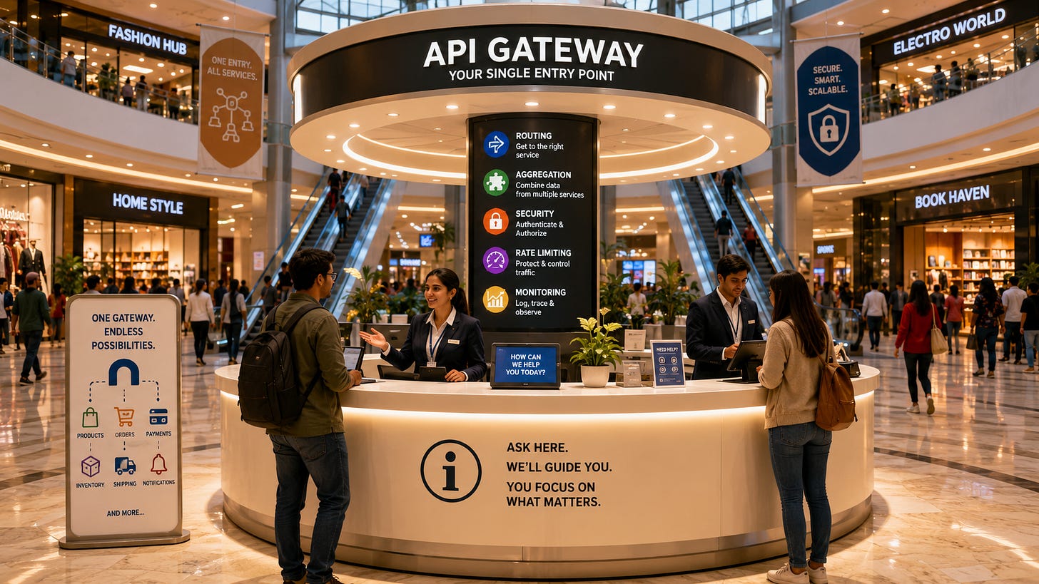 Shoppers gather at a central mall information desk guiding visitors to stores across the complex. 