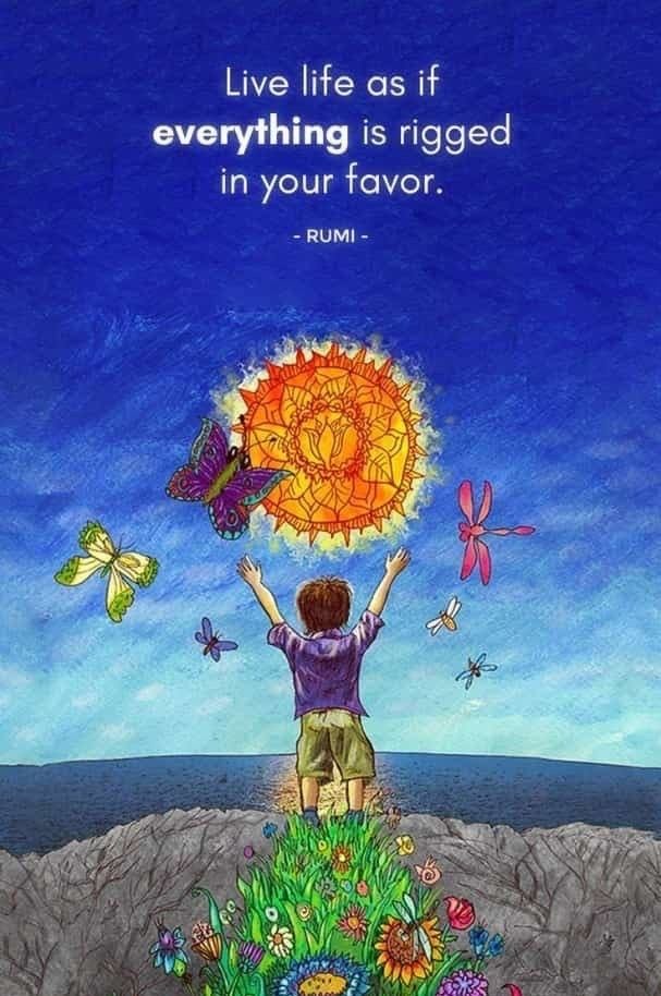 May be a doodle of 1 person and text that says 'Live life as if everything is rigged in your favor. -RUMI-'