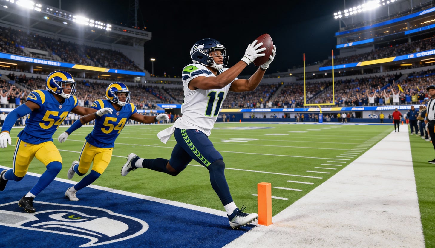 Jaxon Smith-Njigba catching game-tying overtime touchdown pass against Rams defenders in end zone