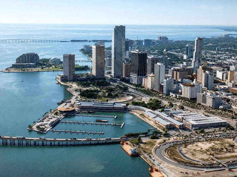 Aerial view of downtown Miami with Bicentennial Park in the foreground when it was part of the Miami Grand Prix. Aerial view of downtown Miami with Bicentennial Park in the foreground when it was part of the Miami Grand Prix.