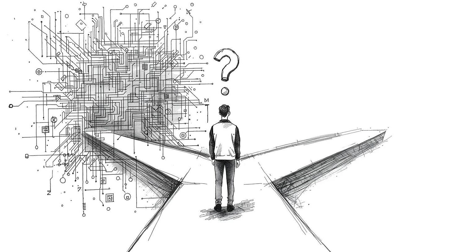 Person at crossroads between complex maze path and simple clear path Person at crossroads between complex maze path and simple clear path