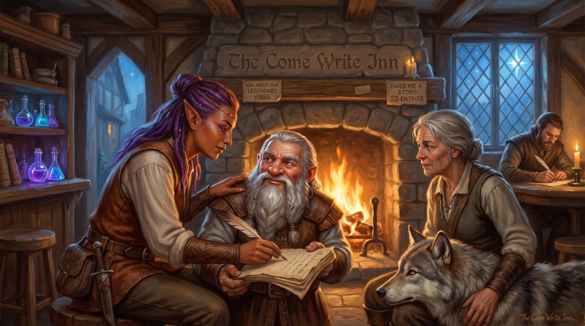 An oil-painted hearthside scene at the Come Write Inn: a small circle of regulars leaning close, one pointing gently at a line on another's manuscript, a bright star in the diamond-paned window above.
