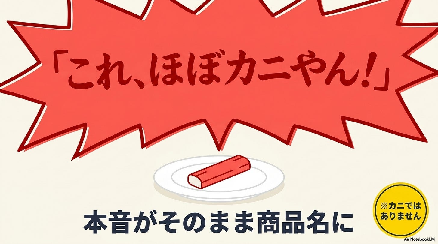 「これ、ほぼカニやん!」の本音が商品名になったことを表すイラスト。 「これ、ほぼカニやん!」の本音が商品名になったことを表すイラスト。
