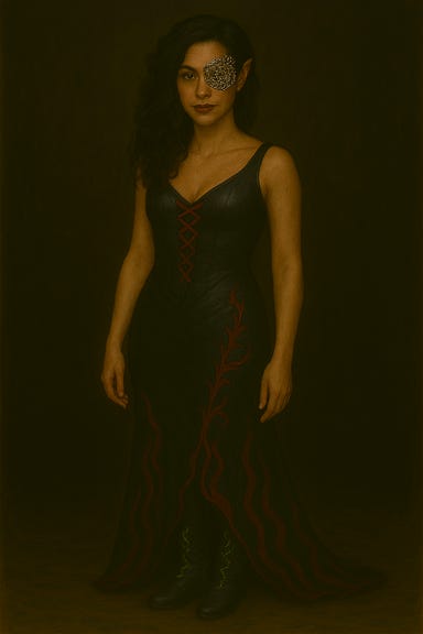 Ezmerelda stands poised in her party dress, rendered with a feature palette reminiscent of Morena Baccarin. She has a graceful, angular face with high cheekbones, expressive dark eyes, and full lips. Her dark hair is styled in soft waves swept to one side, revealing her elegant neck and shoulders. Her gown is crafted from black leather laced with blood-red silk, shaped like battle smoke. The bodice hugs her like a threat, sculpted and sharp. The backless cut reveals the curve of her spine, daring anyone to underestimate her. Her boots gleam from beneath the hem, enchantments etched in acid green pulsing faintly. A half-mask covers one eye, made of silver net and shards of broken glass, catching the light like a shattered promise. She stands in soft firelight, her stance confident and coiled, radiating danger and allure.