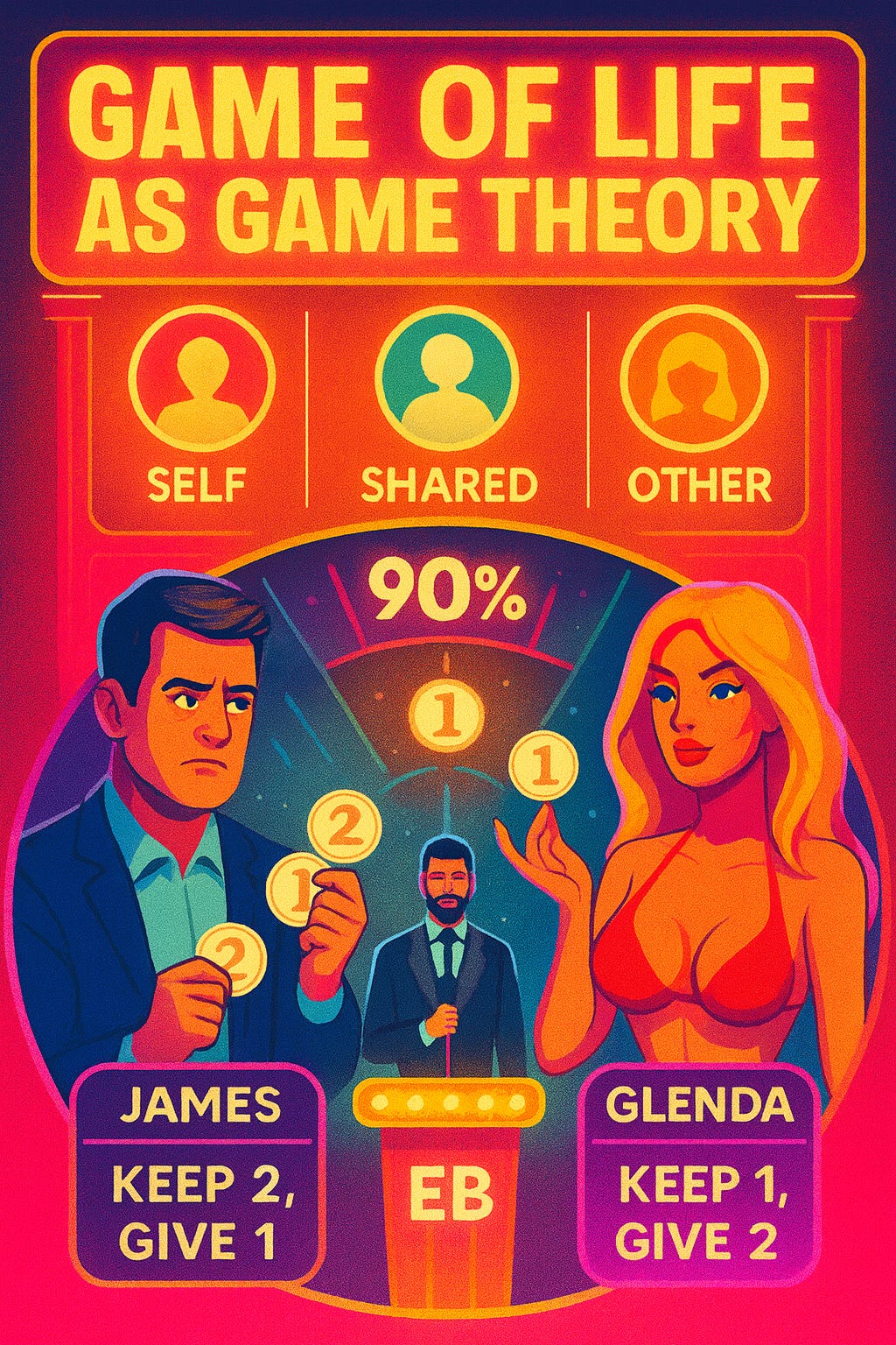 A brightly colored digital illustration styled like a modern game show. Three contestants stand on stage under glowing neon lights, each representing a strategy: ES (Extrinsic Sensitivity), IS (Intrinsic Sensitivity), and EB (Balanced). The ES contestant, a flashy man in a suit, clutches most of the tokens; the IS contestant, a woman shown through the male gaze in a sexualised way, gives away more tokens than she keeps; and the EB contestant, dressed as a moderator, tries to balance the flow. Behind them, large glowing numbers 67%, 90%, and 33% represent tipping points in the field of power. The whole scene looks like a mix of entertainment and control.