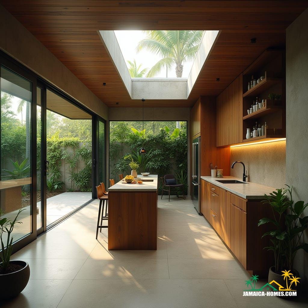 Ultra-modern Jamaican kitchen seamlessly blending indoor and outdoor living, within a single-story garage footprint, bathed in natural light pouring in through floor-to-ceiling sliding glass doors and a skylight, with soft LED underlighting adding warmth. The space features natural stone countertops, custom wooden cabinetry, a compact breakfast bar, and high-end stainless steel appliances, set against a sleek backsplash and earthy tones. A lush tropical garden sprawls outside, with a vertical herb garden bringing freshness to the design. Cinematic film still, captured with the cinematic nuances of a v-raptor XL, with subtle film grain, vignette, and color grading, evoking the aesthetic of 35mm film, with dramatic lighting and atmospheric depth, reminiscent of the works of Emmanuel Lubezki, Roger Deakins, and Hoyte van Hoytema.