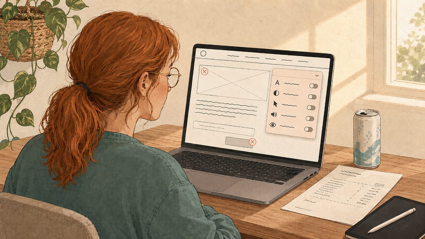 A creator at a laptop, viewing their website. An accessibility widget's panel of toggle switches sits open over the page, while markers flagging problems on the page remain visible around it.