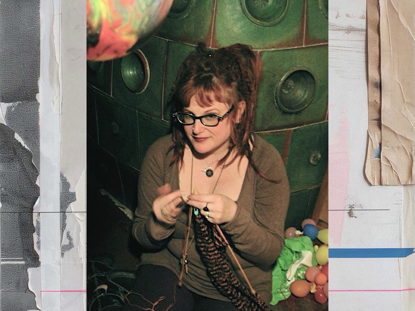 A digital collage of shreds of paper and a photograph of a young woman with thick square glasses knitting a scarf in front of green tiled oven that is used for central heating in Germany in some older houses