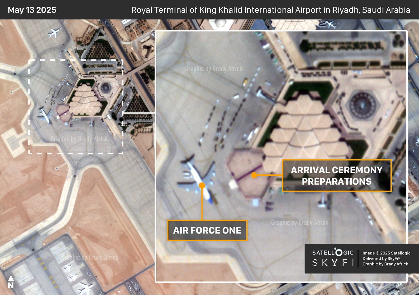 Royal Terminal of King Khalid International Airport in Riyadh, Saudi Arabia | Image © 2025 Satellogic | Delivered by SkyFi® | Graphic by Brady Africk