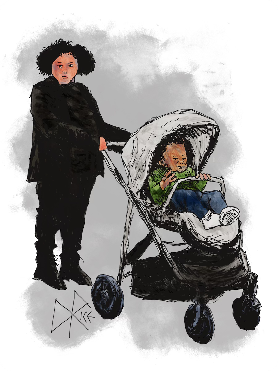 A teen girl stands guard over a baby boy in a stroller. She is thinking, “Batman scans the shadows, as Robin gyrates acrobatically beside him.” Sketch art by Don Rice. A teen girl stands guard over a baby boy in a stroller. She is thinking, “Batman scans the shadows, as Robin gyrates acrobatically beside him.” Sketch art by Don Rice.