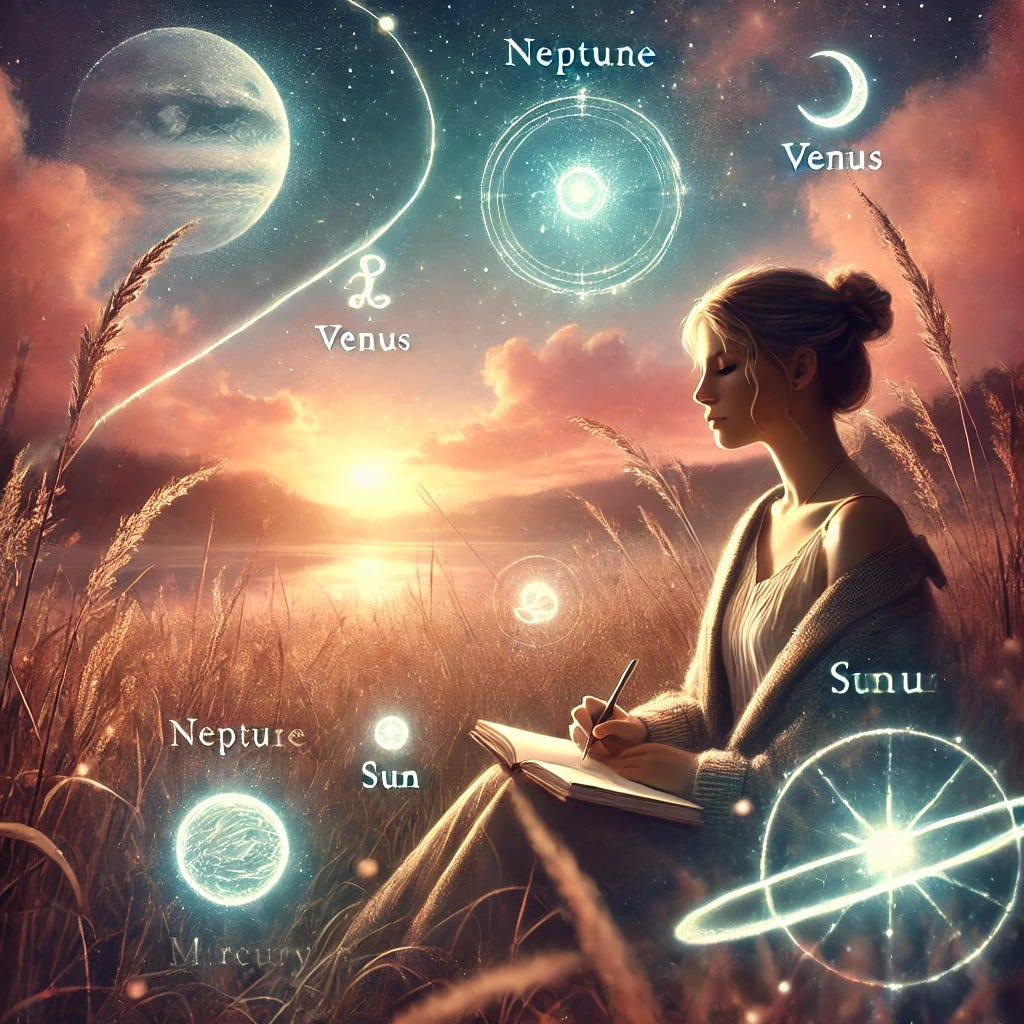 A peaceful, dreamy Friday scene representing March 21, 2025 astrology vibes. The setting shows a soft twilight sky with gentle blue and pink hues symbolizing Neptune and Venus, with golden light from the setting sun. A woman sits quietly in a field or by water, eyes closed, journaling or meditating. Subtle glowing symbols of the planets (Neptune, Venus, Mercury, Sun, Uranus) float around her. A streak of silver light in the sky represents sudden insight. The mood is calm, reflective, and magical, with soft textures and tranquil energy. A peaceful, dreamy Friday scene representing March 21, 2025 astrology vibes. The setting shows a soft twilight sky with gentle blue and pink hues symbolizing Neptune and Venus, with golden light from the setting sun. A woman sits quietly in a field or by water, eyes closed, journaling or meditating. Subtle glowing symbols of the planets (Neptune, Venus, Mercury, Sun, Uranus) float around her. A streak of silver light in the sky represents sudden insight. The mood is calm, reflective, and magical, with soft textures and tranquil energy.