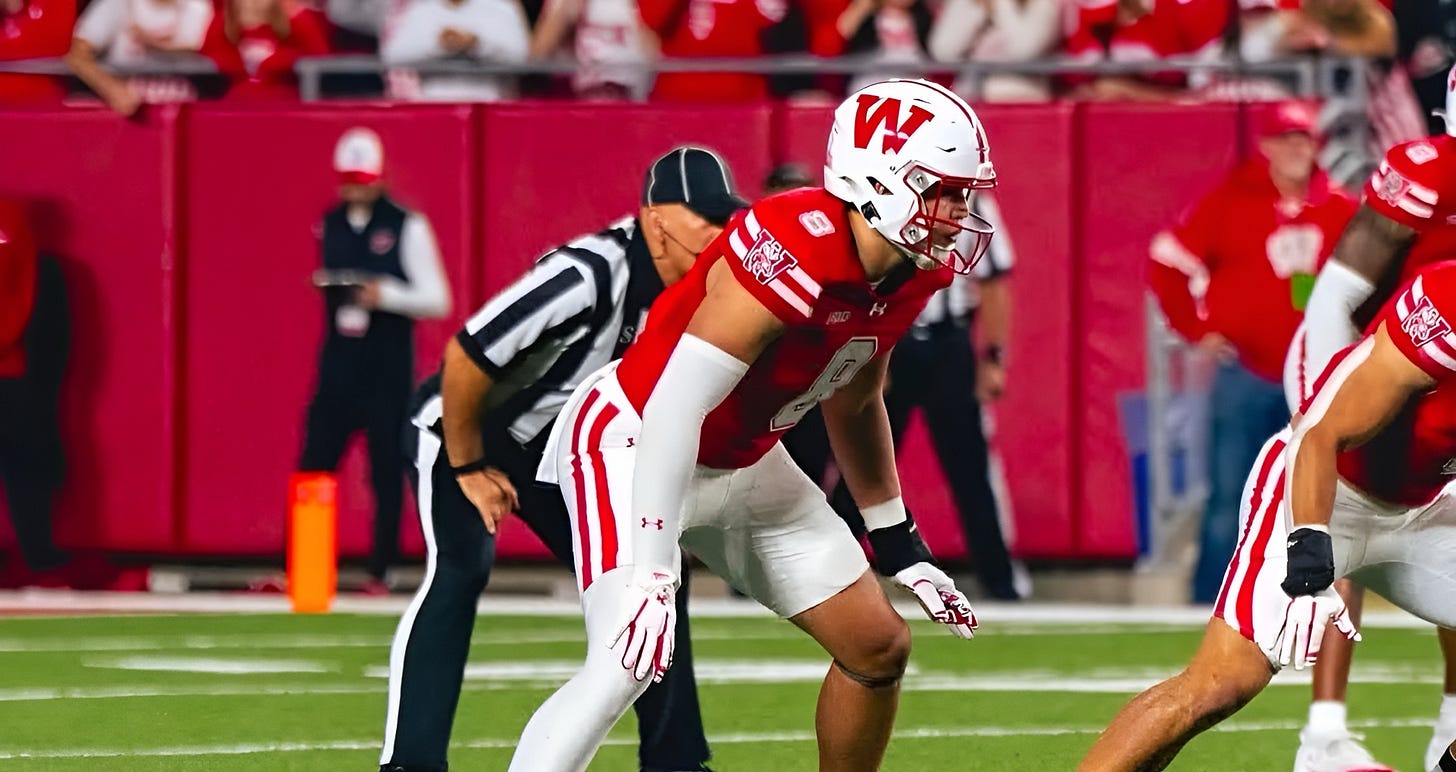 Wisconsin Badgers linebacker Mason Posa on the field during a game at Camp Randall Stadium.  Wisconsin Badgers linebacker Mason Posa on the field during a game at Camp Randall Stadium.