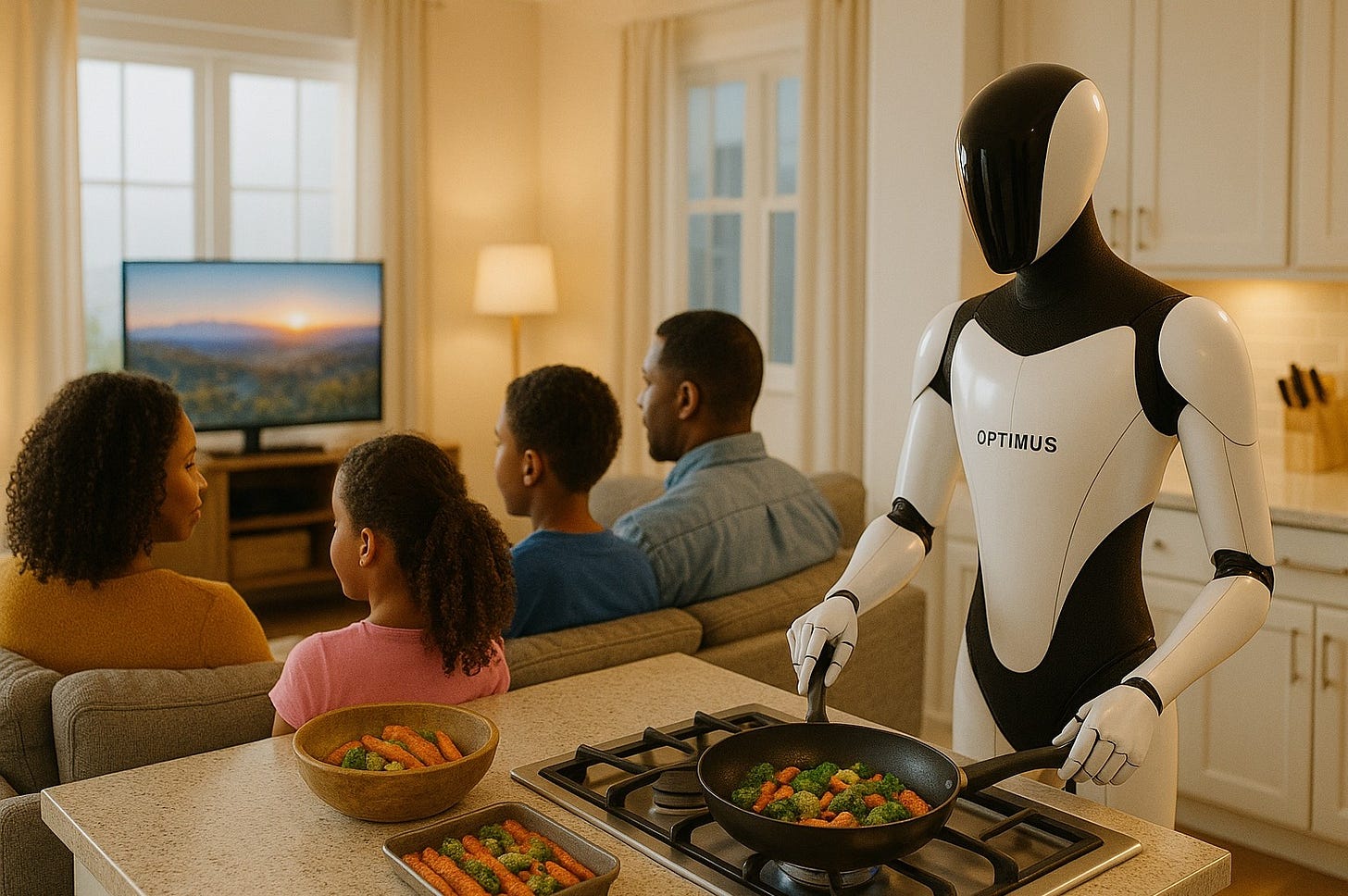 Illustration of a humanoid robot cooking for a family while they watch a movie together.