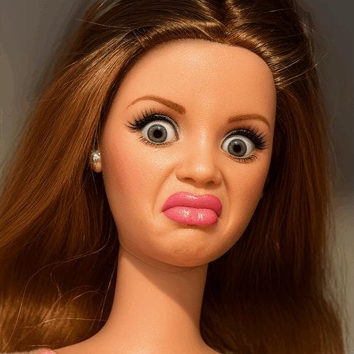 This may contain: a close up of a barbie doll with long hair and big eyes wearing a pink dress