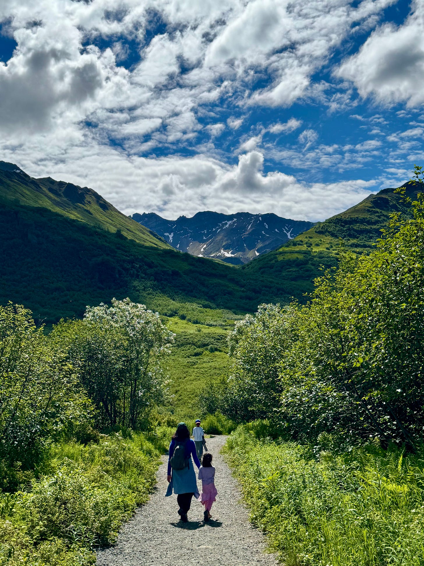 A woman and two children walk along a narrow trail through a wide green valley in Alaska, surrounded by towering mountains under an overcast sky. The figures are seen from behind, emphasizing the scale of the landscape and the feeling of moving forward together.