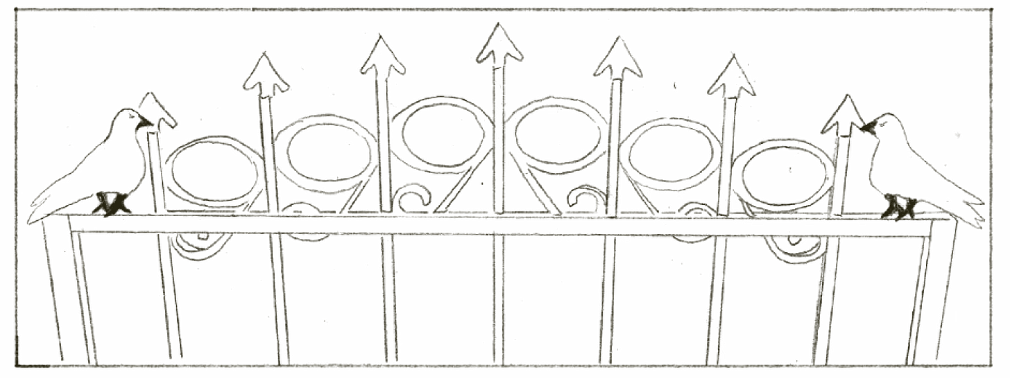 Minimalist drawing of two birds sitting on either side of an ornate wrought iron fence, facing each other from a distance, suggesting both connection and space.