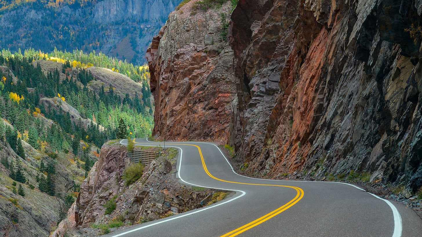 No guard rail, no shoulder, big drop off highway in SW Colorado USA -  Blacklidge