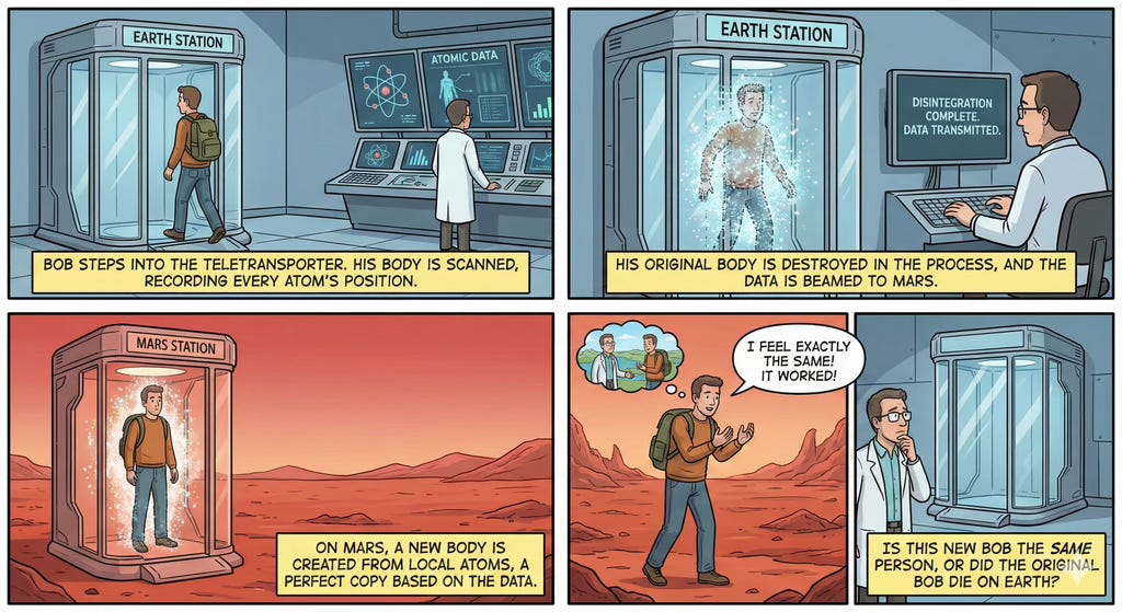 Comic showing a man entering a teleportation booth on Earth, being scanned and disintegrated while his atomic data is sent to Mars. A new body is created on Mars, and the man feels unchanged. A scientist wonders whether this recreated version is the same person or if the original died. Comic showing a man entering a teleportation booth on Earth, being scanned and disintegrated while his atomic data is sent to Mars. A new body is created on Mars, and the man feels unchanged. A scientist wonders whether this recreated version is the same person or if the original died.