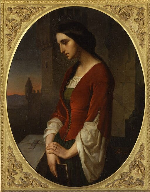 Somber looking woman in red, on castle balcony Somber looking woman in red, on castle balcony