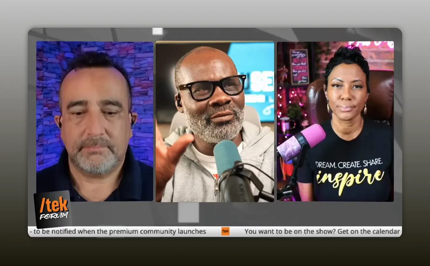 Sharp three-person panel screenshot showing blue and pink microphones and good lighting