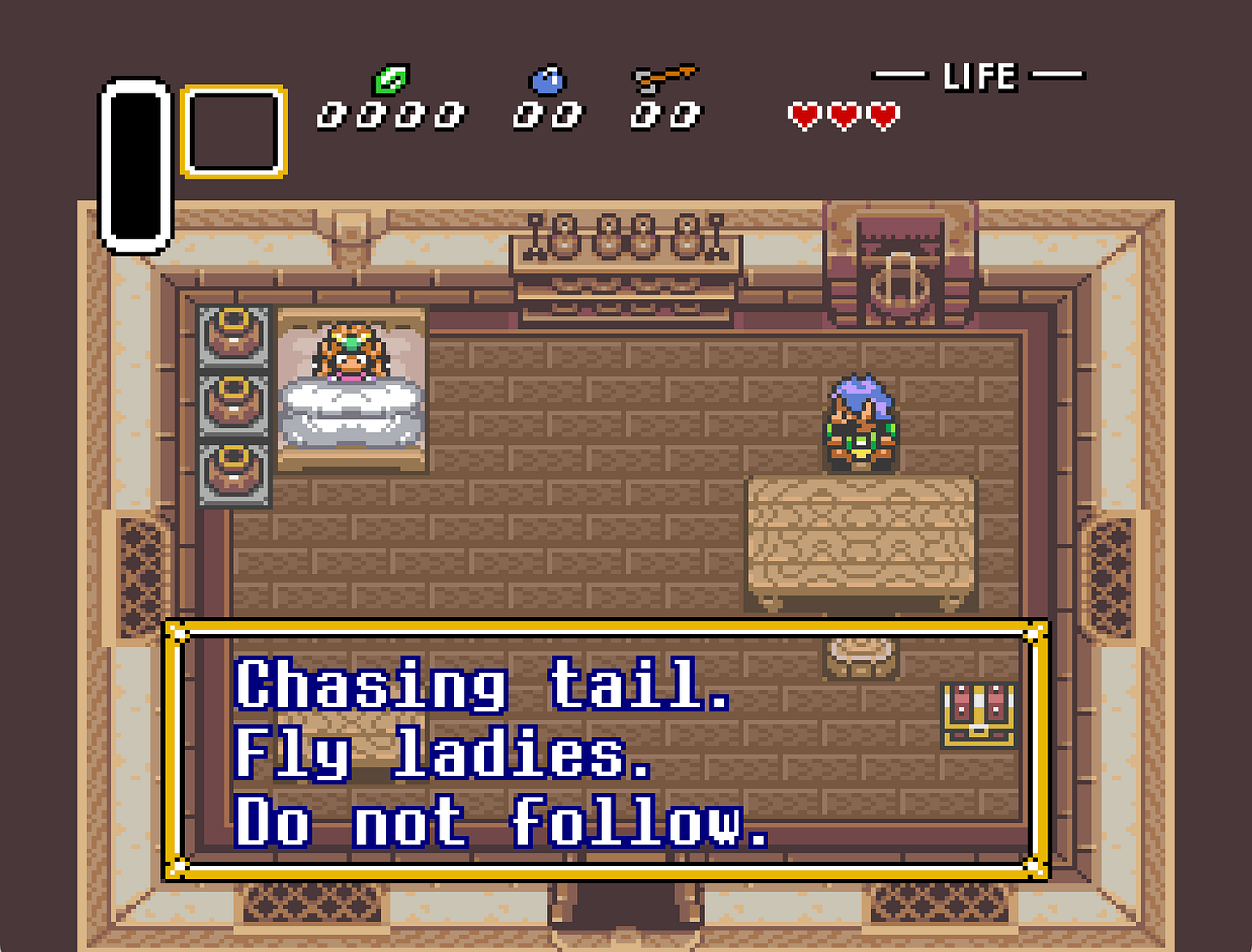 Link's Uncle saying "Chasing tail. Fly ladies. Do not follow."