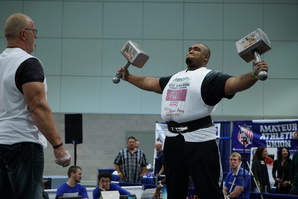 Forty pound hammers with a best time of 45 seconds. I just pulled my shoulder writing that.