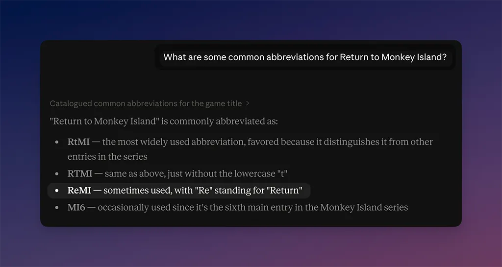 Many abbreviations for Return to Monkey Island.