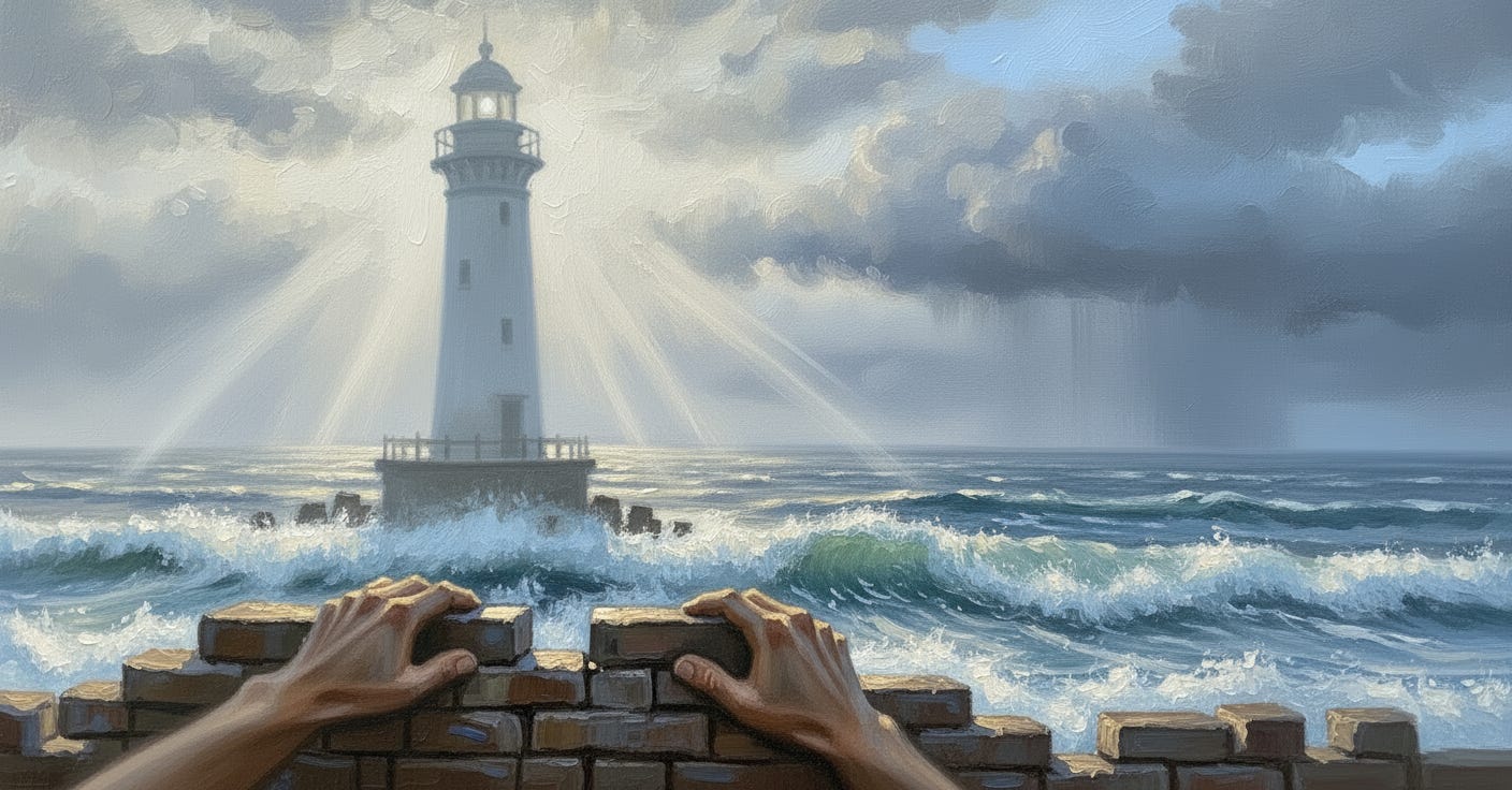 Distant lighthouse glimpsed through fog with stone foundation in foreground—embodying solitude and patient labor.