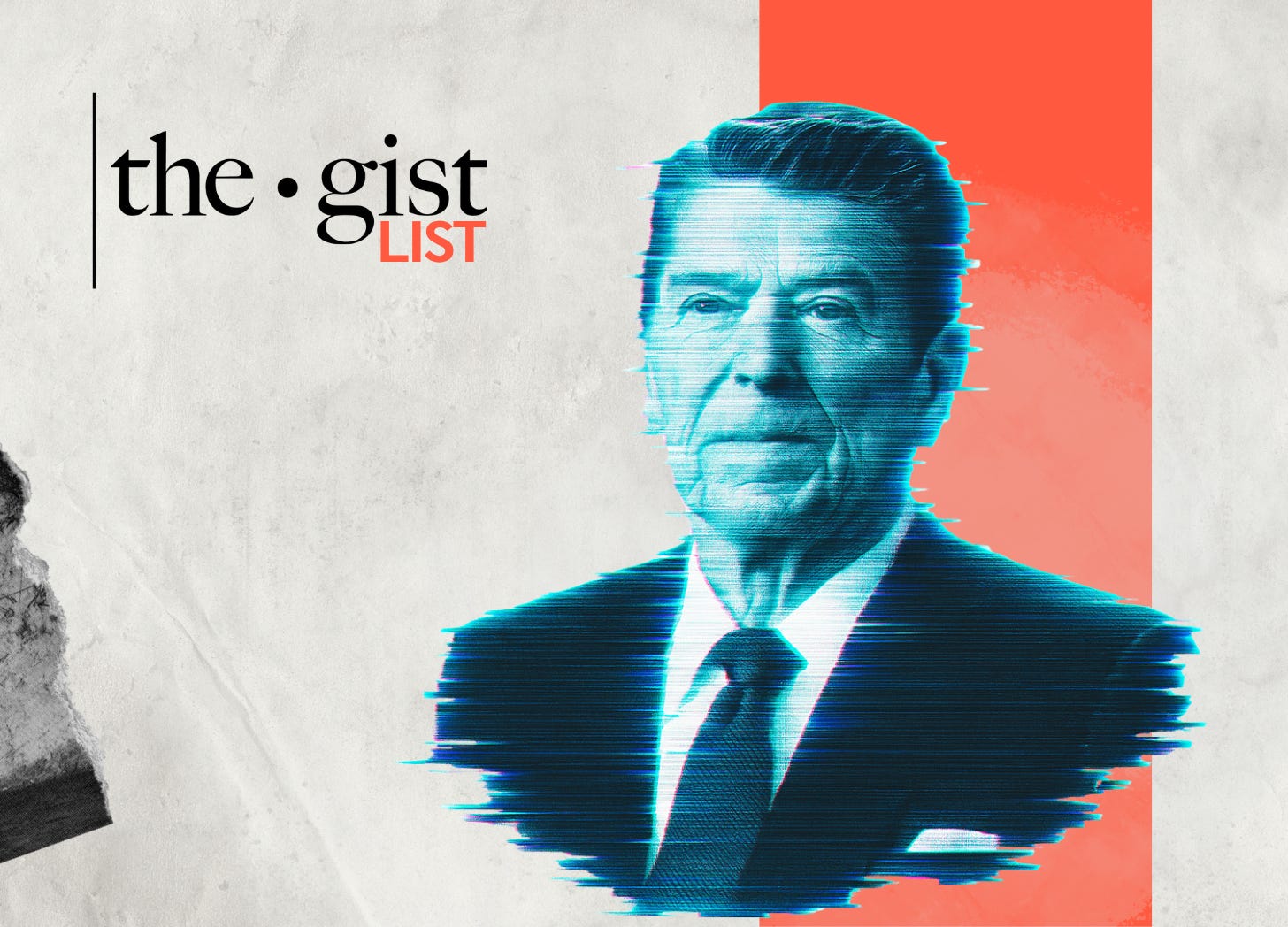 A photo-realistic image of President Ronald Reagan depicted as a glitchy blue hologram, with digital distortion lines across his suit and face.