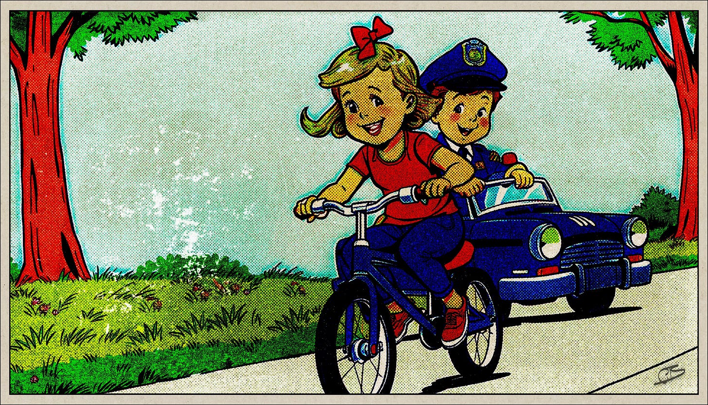 Little boy in toy police car chases girl on bike