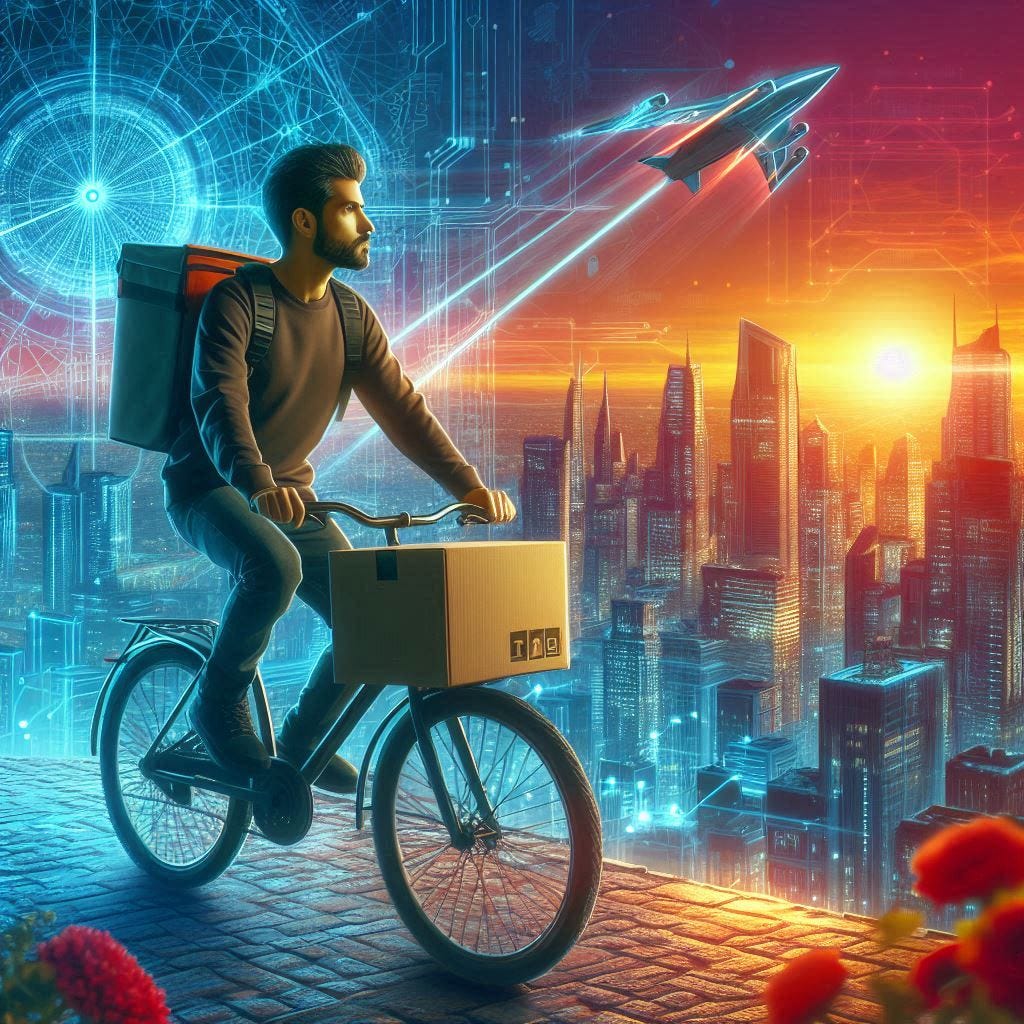 Hispanic man on bike, delivery box, sunset, cyberpunk city, drawing