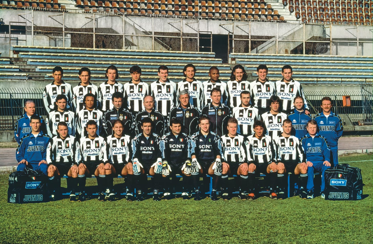 Juventus full team and staff pose for an official group photo in black-and-white striped kits with Sony sponsor, mid-1990s.
