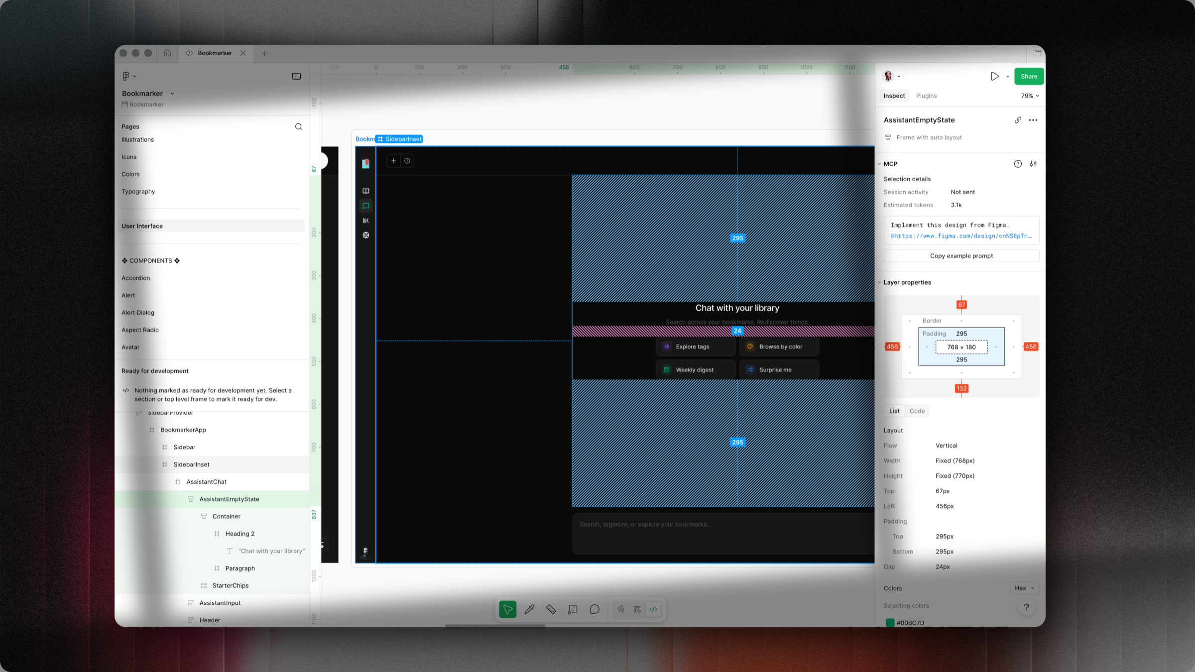 Figma canvas showing the Bookmarker AI assistant empty state captured as editable layers. The layer panel shows AssistantChat, AssistantEmptyState, StarterChips, and AssistantInput components. The right panel shows the emerald accent color and layout properties for the selected frame.