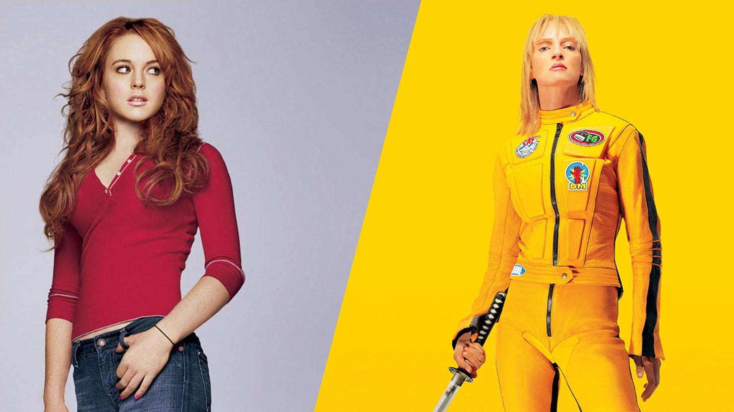 Split image with a woman with red hair wearing a red top and blue jeans starting to the right on one side and a woman with short blonde hair wearing a yellow jumpsuit and holding a sword on the other