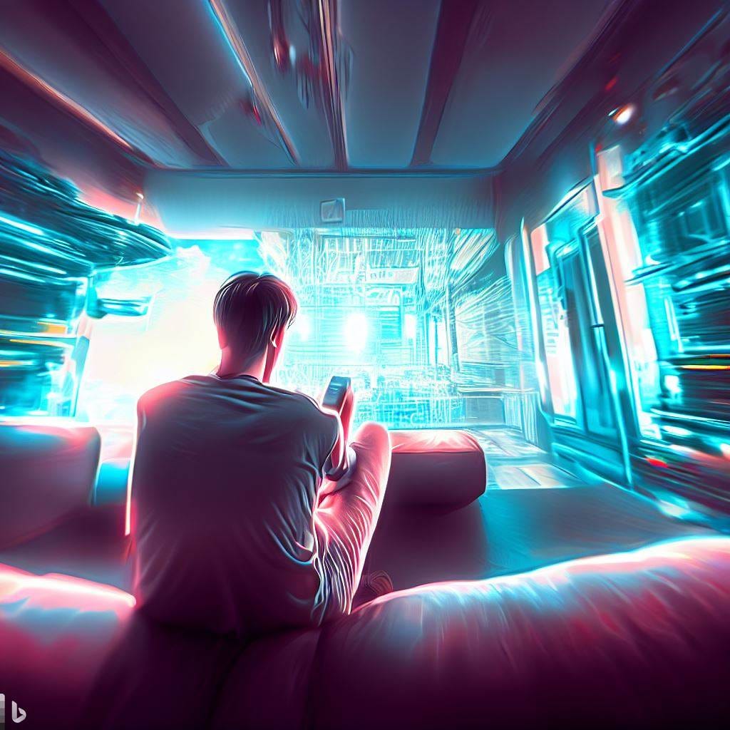 Futuristic, wide angle view of living room, 24 year old man sitting on couch, view from behind, staring at phone, concept art Futuristic, wide angle view of living room, 24 year old man sitting on couch, view from behind, staring at phone, concept art
