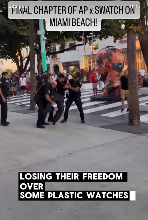 Nine-panel grid of social media screenshots and news footage capturing the chaotic global rollout of the Swatch x Audemars Piguet Royal Pop collaboration. Top row shows uniformed police officers stationed outside a Swatch boutique with the caption "It is the last day of the," a massive crowd packed shoulder-to-shoulder on a Manhattan street in front of "The Lion King" Broadway theatre near Times Square, and a blurred storefront image suggesting motion or commotion. Middle row shows a confrontation between police and individuals on a city street captioned "Losing their freedom," another angle of the dense Times Square crowd in front of the Lion King theatre with people raising phones to film, and an overhead view of a packed crowd outside a Swatch storefront. Bottom row shows a quiet shot of someone walking past a closed boutique captioned "Things getting crazy at the AP X Swatch lineup in Montreal" with a Canadian flag emoji, police officers detaining or speaking with individuals inside a building with the caption "in Miami shutdown," and a dark cinematic still featuring a dimly lit restaurant or bar interior with the text "It's from this new Swatch collab called the Royal Po—" overlaid. The collage documents the global scale of the disruption — from New York and Montreal to Miami — and the police response that accompanied multiple store closures during the Royal Pop launch.