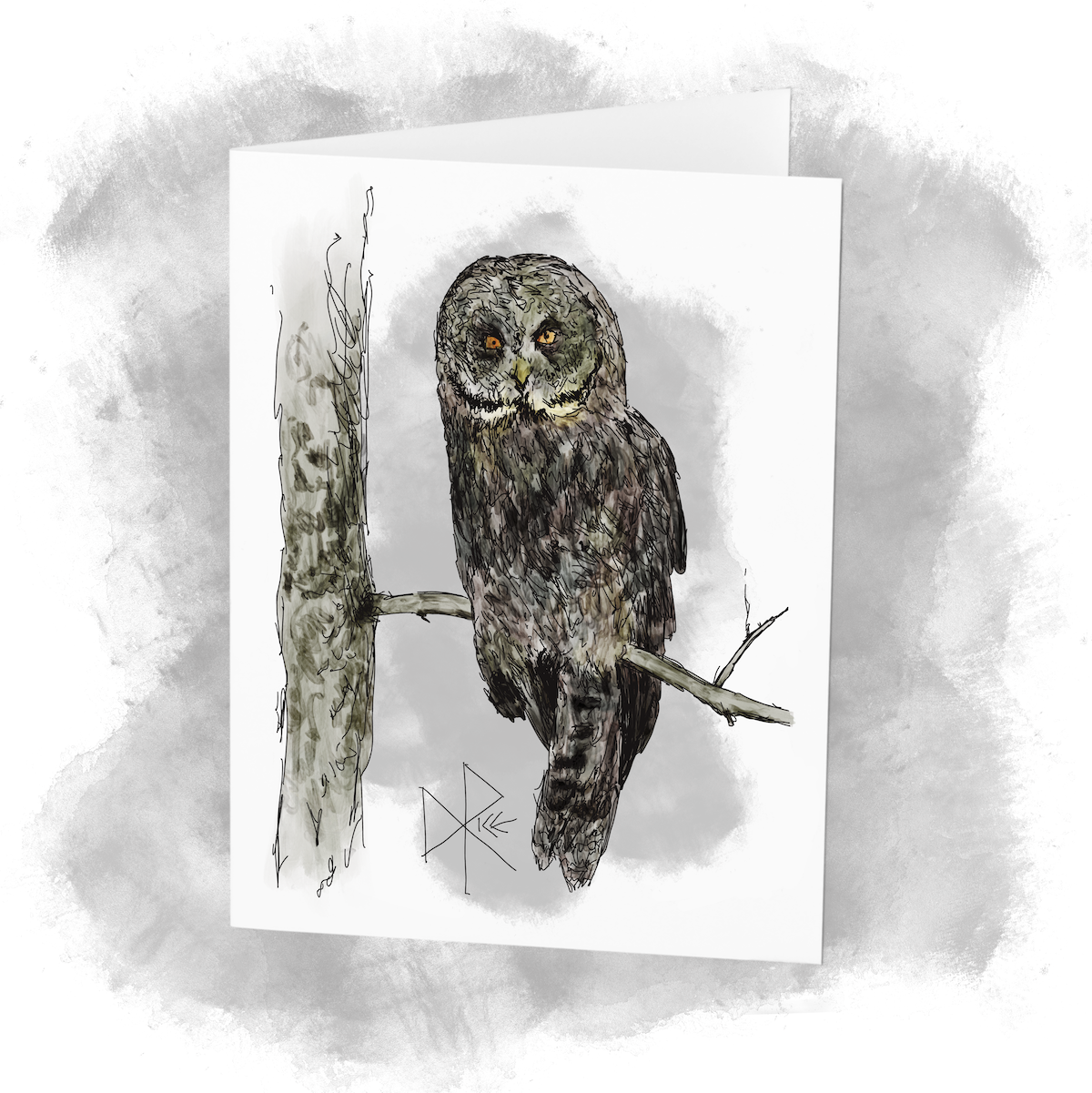 A great grey owl sits on a branch, looking directly at the viewer. Sketch art by Don Rice. A great grey owl sits on a branch, looking directly at the viewer. Sketch art by Don Rice.