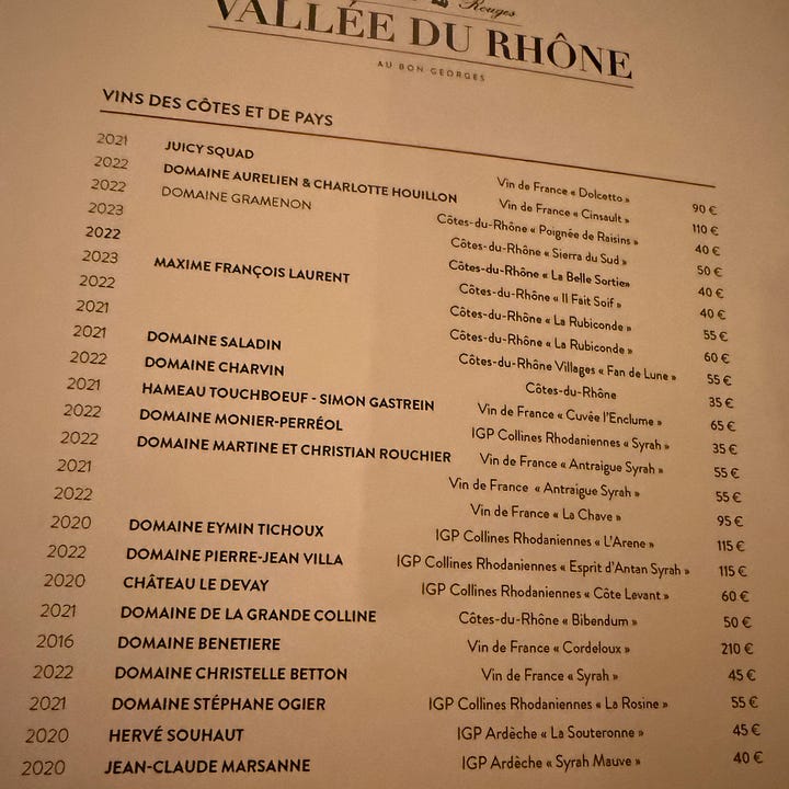 The wine list at Le Bon Georges bistro in Paris
