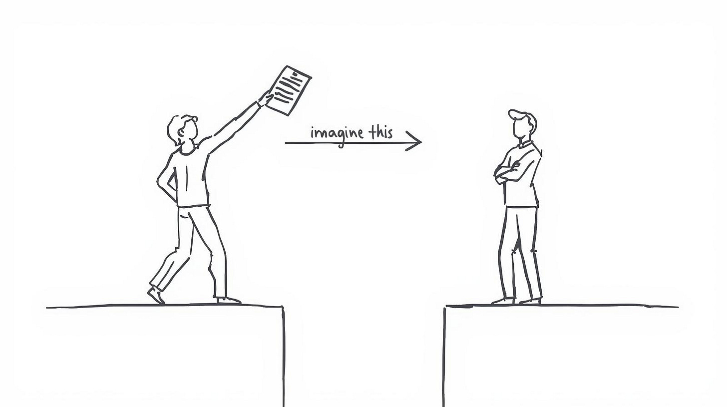 Two figures across a gap, one extending a document the other has not accepted