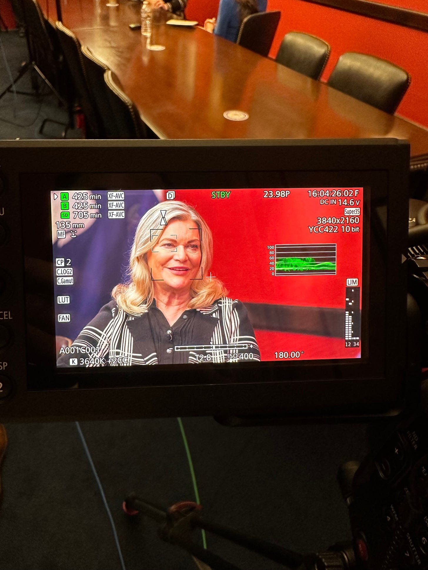 A female US Senator is interviewed on camera. Photo: Jesse Seidman 