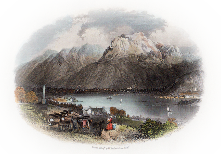 old print, mountain above lake and houses