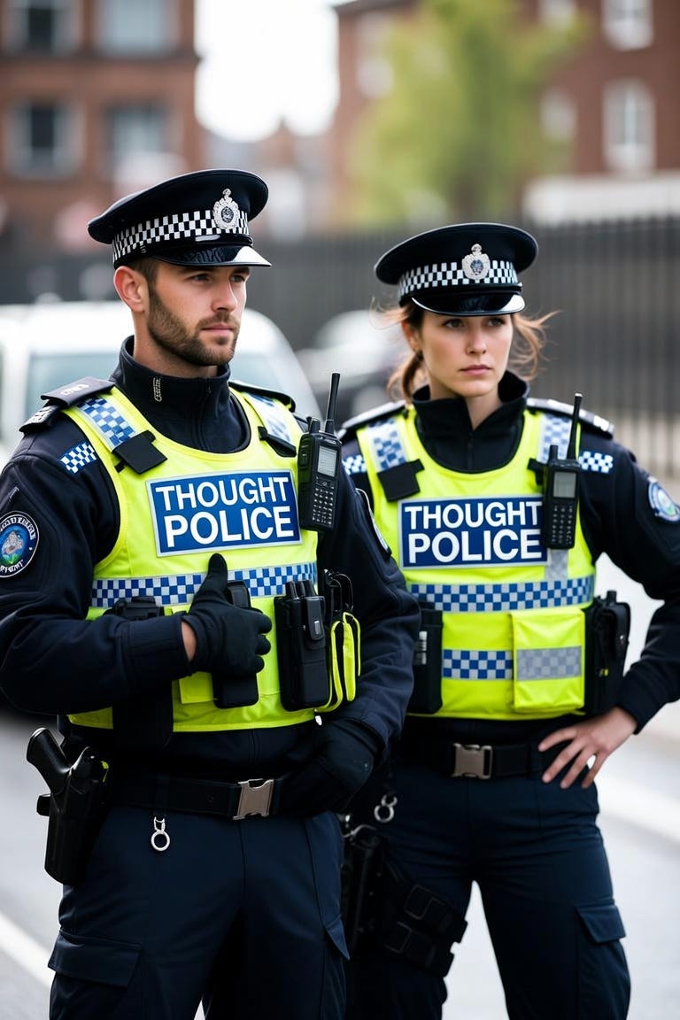 UK police officers. their vests say "thought police" UK police officers. their vests say "thought police"