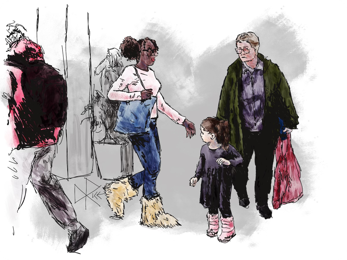People walking through a mall, some finding others in their intended paths as they navigate an intersection point. Sketch art by Don Rice.
