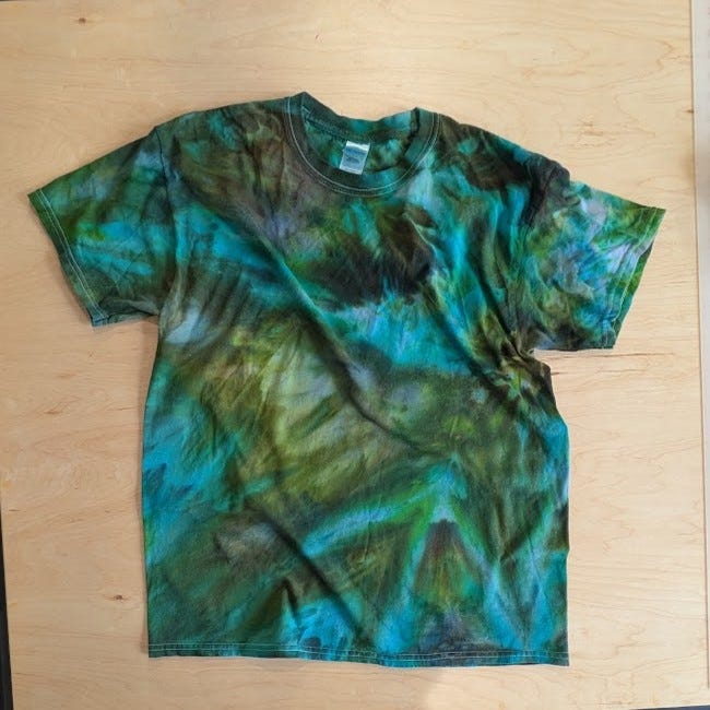 ice dyed t-shirt, pansy block prints on fabric