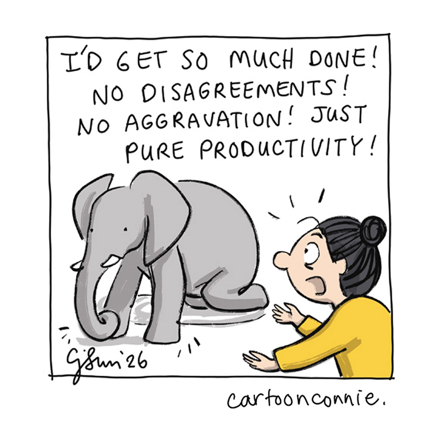 Panel 3/6 of a humorous 6-panel comic strip about self-reliance, in which an introverted character tests out the tension between needing and not needing other people. Titled "Introvert Productivity," 2026. Original artwork by Connie Sun, cartoonconnie. Panel 3/6 of a humorous 6-panel comic strip about self-reliance, in which an introverted character tests out the tension between needing and not needing other people. Titled "Introvert Productivity," 2026. Original artwork by Connie Sun, cartoonconnie.
