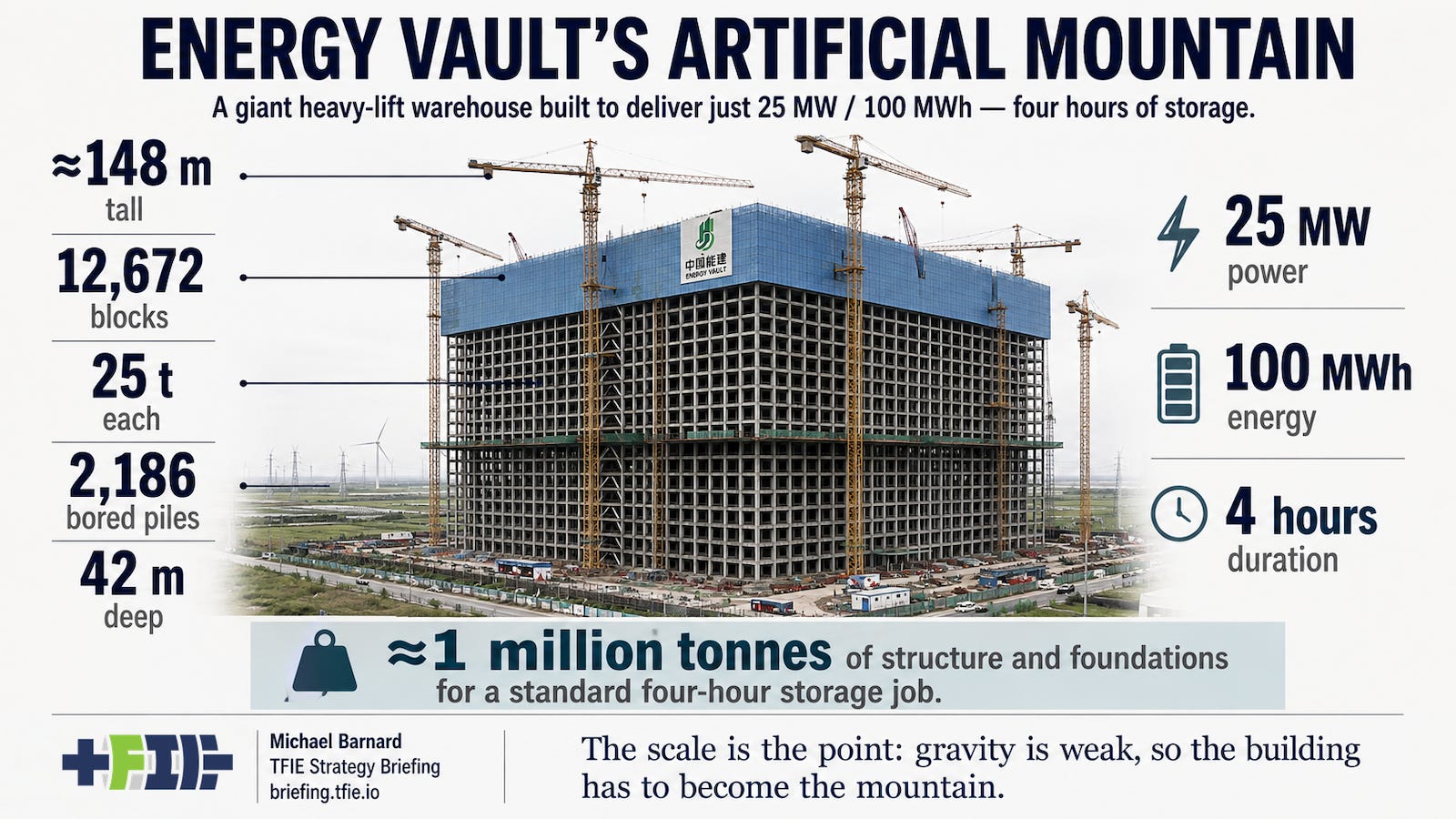 Energy Vault’s enormous Rudong gravity-storage structure under construction, labelled 25 MW / 100 MWh and four hours.